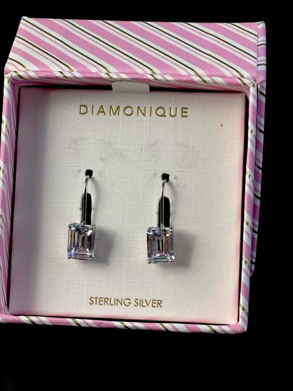 Diamonique Emerald Cut Sterling Silver .925 Leverback Earrings NEW BOX